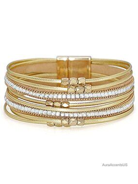 Handmade Multi-Layer Leather Wrap Bracelet with Magnetic Buckle Cuff